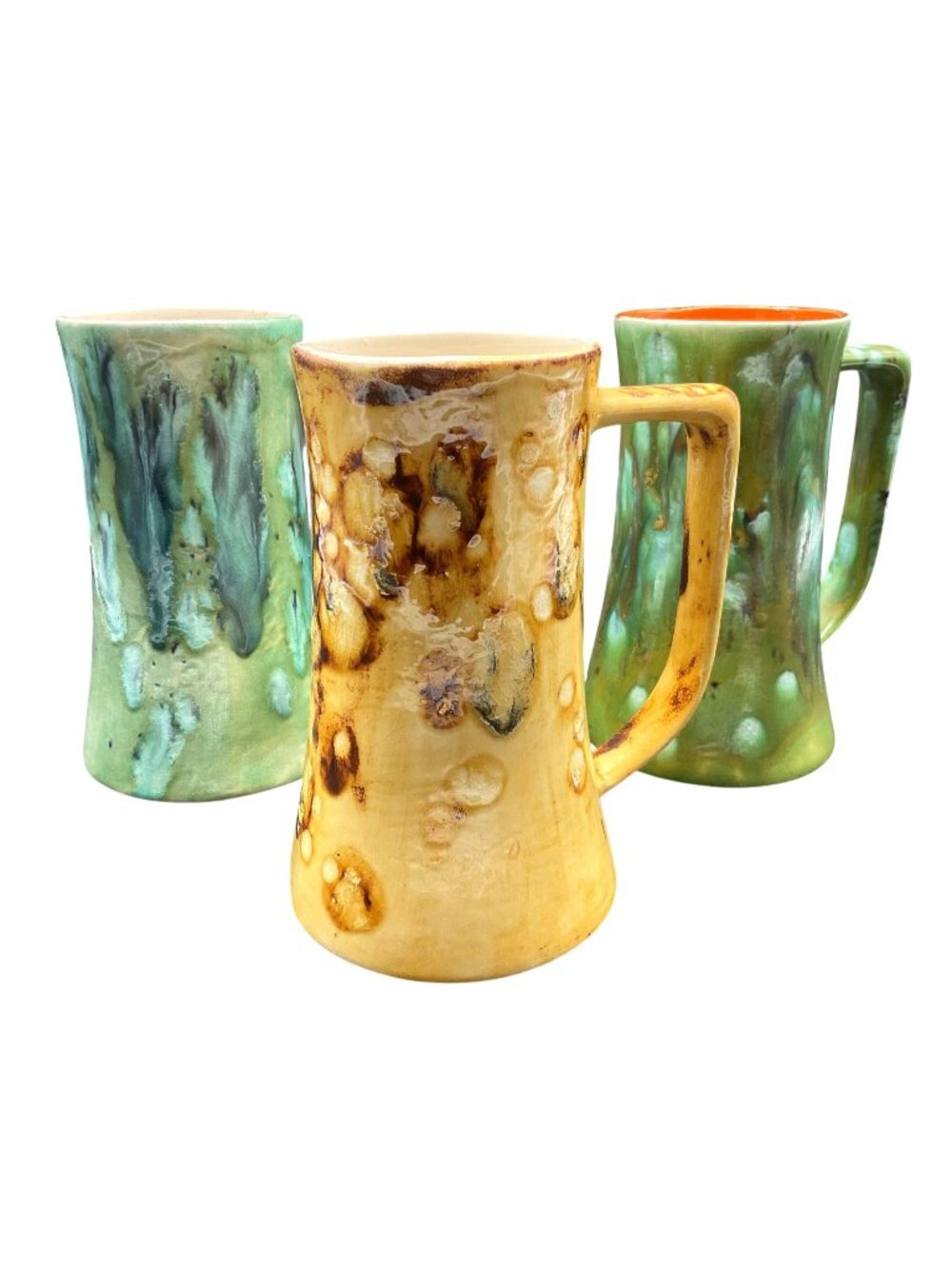 Handcrafted Ceramic Mugs Set Of 3 Abstract Glaze Yellow & Green Tones 1975 Mel